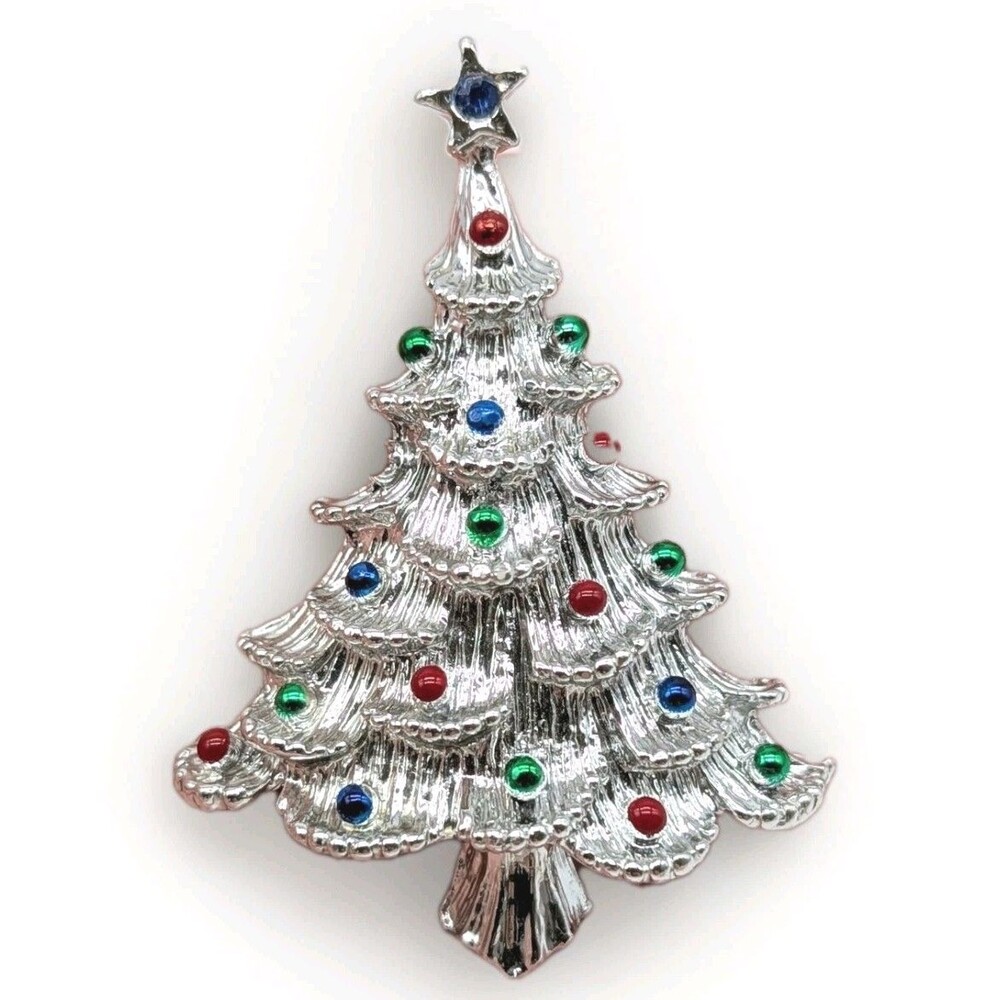 Gerry's Christmas Tree Brooch Pin Rhinestone Silver Tone Enamel Holiday